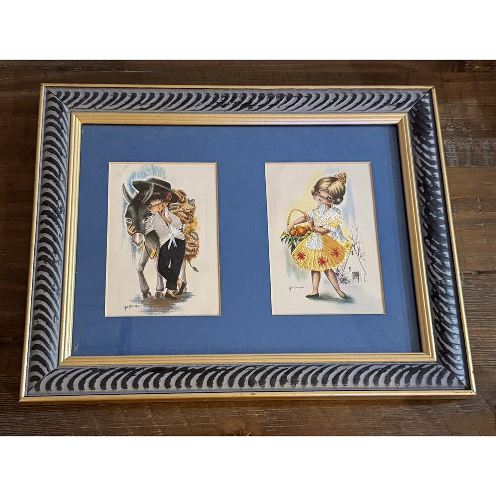 Vintage Gallarda Framed Art Print Set Embroidered 3D Children Spain 14x10